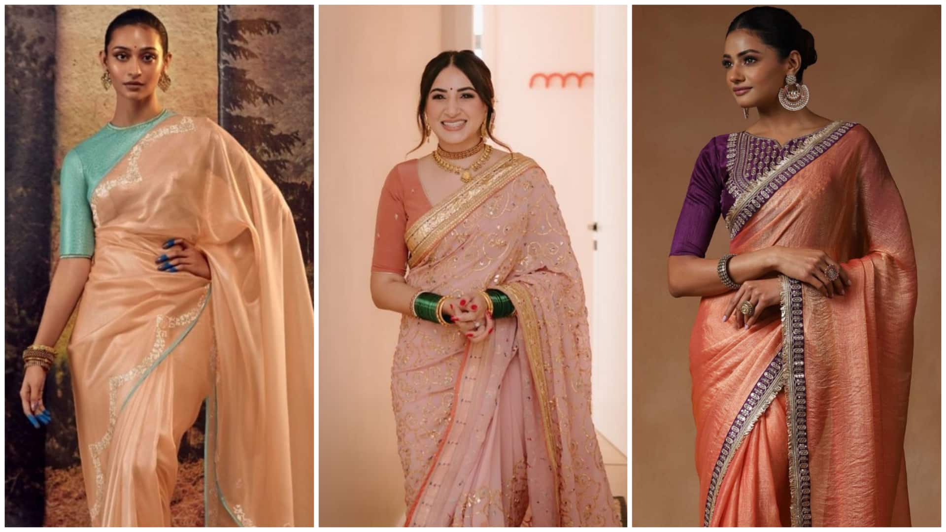 पीच रंग की साड़ी के साथ पहनें ये 5 रंग वाले ब्लाउज, बैठेगा बढ़िया कंट्रास्ट