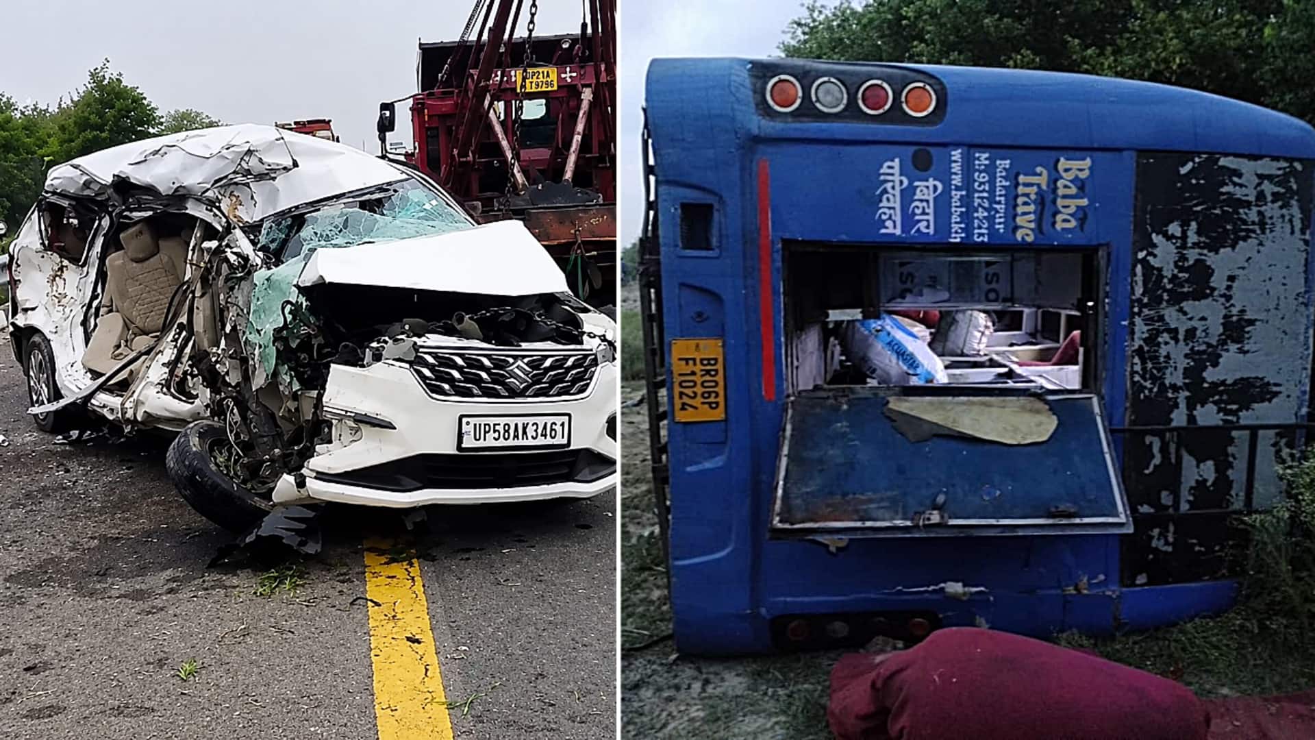आगरा-लखनऊ एक्सप्रेसवे पर कार को स्लीपर बस ने टक्कर मारी, 2 बच्चों समेत 5 की मौत