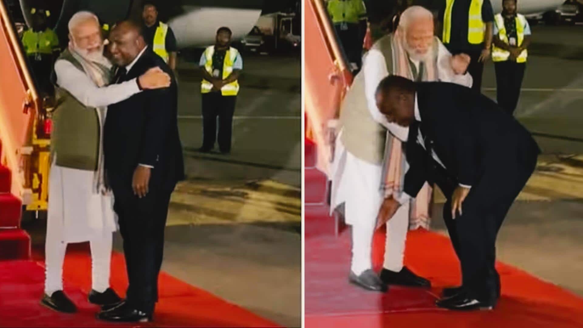 प्रधानमंत्री मोदी का पापुआ न्यू गिनी में हुआ भव्य स्वागत, समकक्ष मारापे ने छुए पैर  