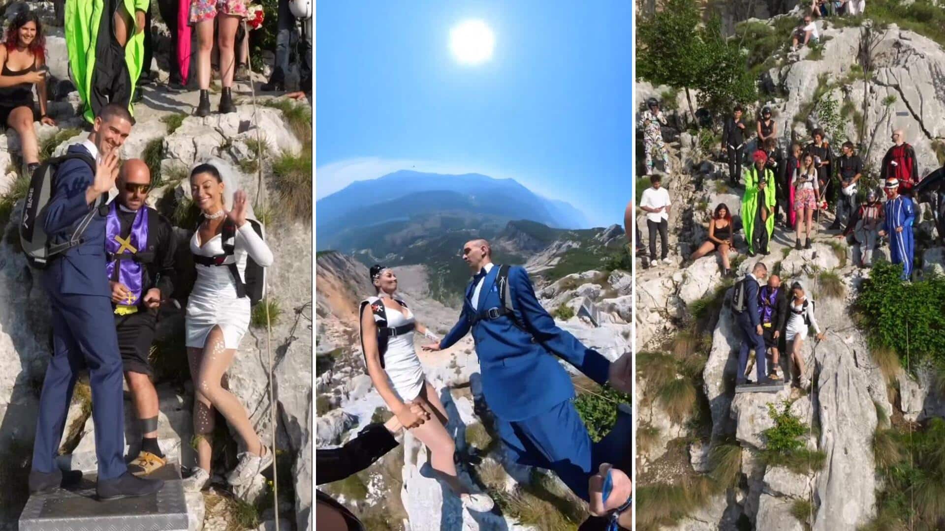 दूल्हा-दुल्हन ने ऊंची चट्टान से छलांग लगाकर मनाया शादी का जश्न, देखिए वीडियो 