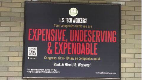 Anti H-1B advertisements at railways stations, trains in Silicon Valley Anti H-1B advertisements at railways stations, trains in Silicon Valley