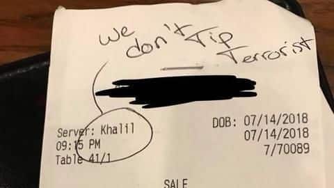 US: To Muslim-named waiter, customer tells 'we don't tip terrorists' US: To Muslim-named waiter, customer tells 'we don't tip terrorists'