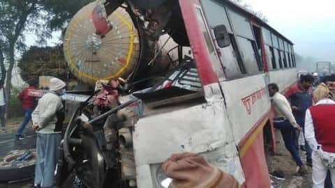 UP: Bus collides with gas tanker in Sambhal, eight killed UP: Bus collides with gas tanker in Sambhal, eight killed