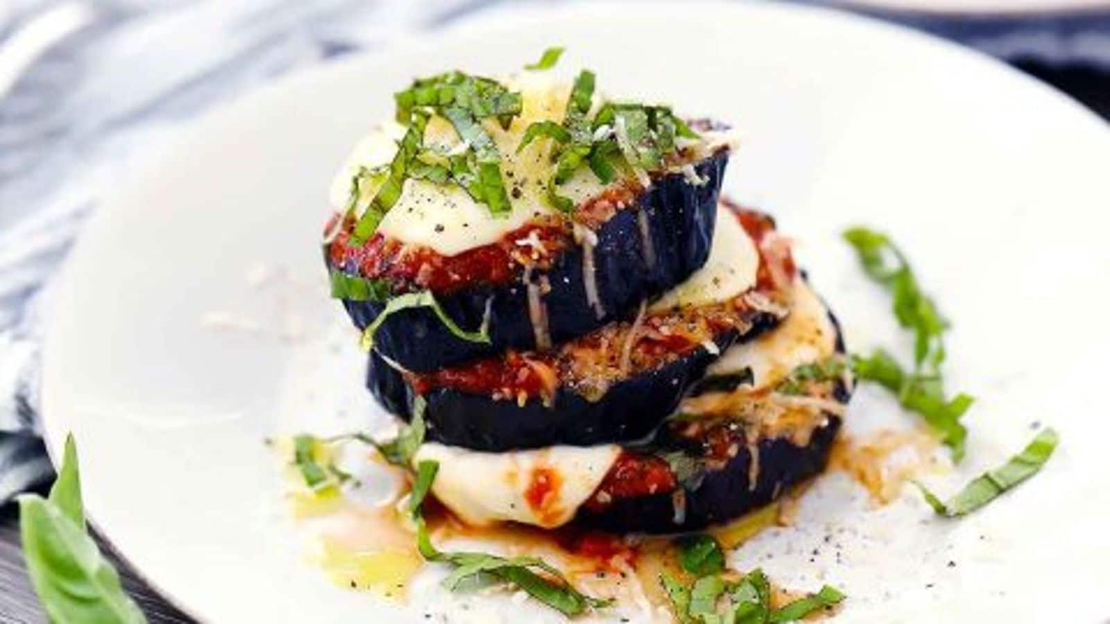 Impress your guests with this delectable eggplant Parmesan stack