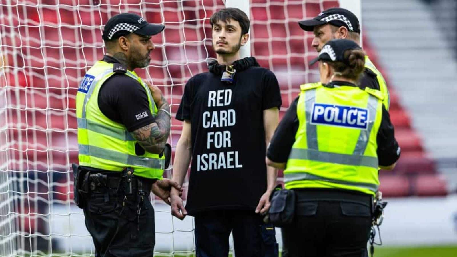 Pro-Palestine protester chains himself to goalposts at Euro qualifier match 