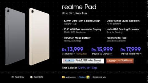 Realme Pad: Starts at Rs. 13,999 for the Wi-Fi-only model