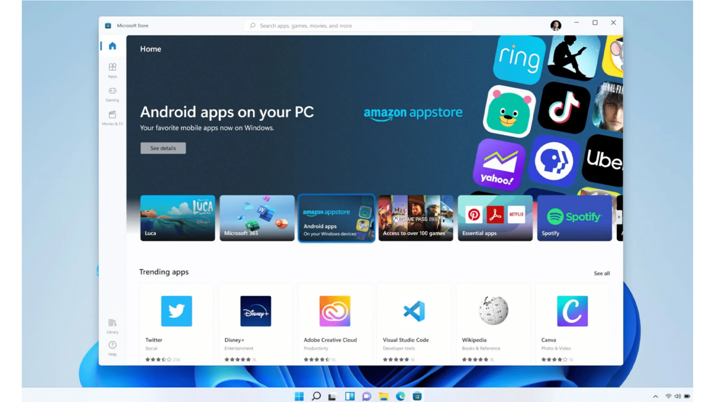Support for Android applications enabled via 'Windows Subsystem for Android' Support for Android applications enabled via 'Windows Subsystem for Android'
