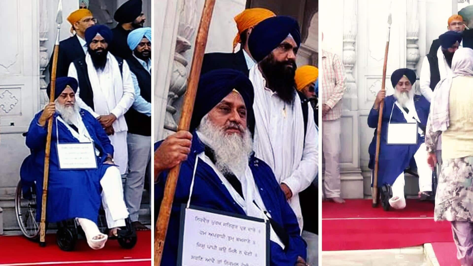 Sukhbir Badal, with plaque around neck, begins Akal Takht's 'punishment'