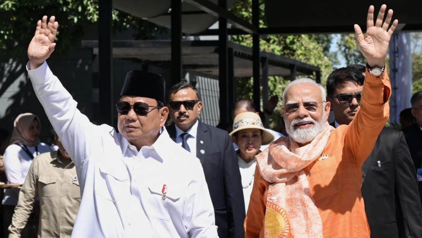 Narendra Modi receives angklung from Prabowo Subianto in Jakarta