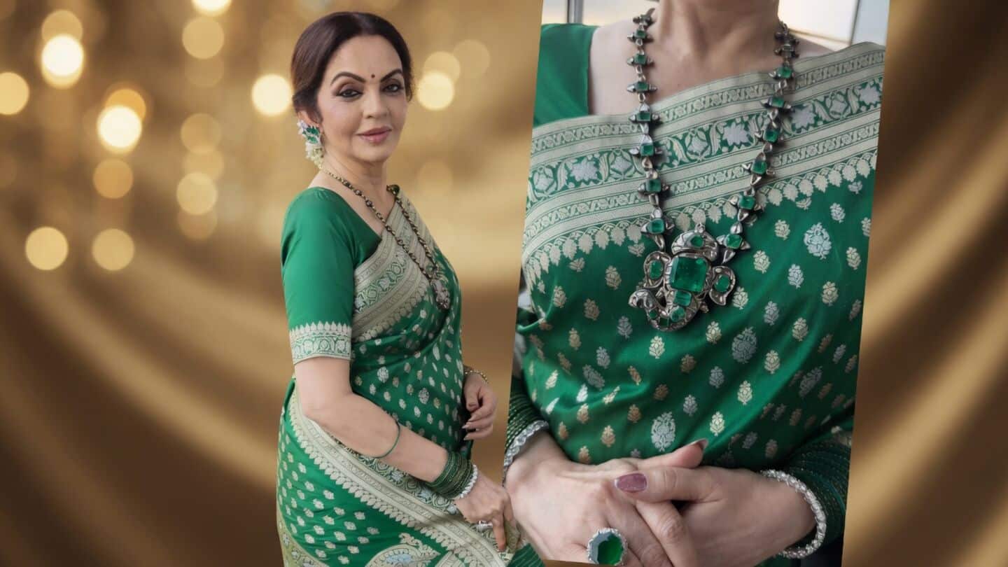 Nita Ambani wears emerald sari with Ganesha pendant necklace