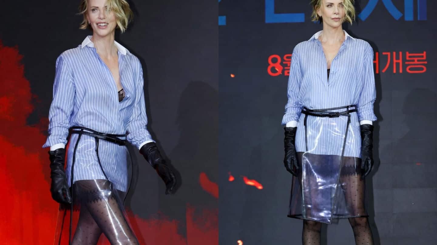 Theron wears vinyl skirt at 'The Odyssey' Seoul event