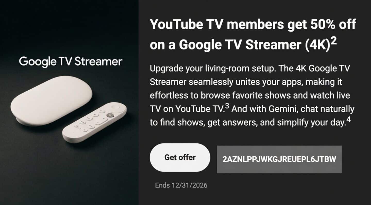 YouTube TV offers subscribers 50% off Google TV streamer (4K)