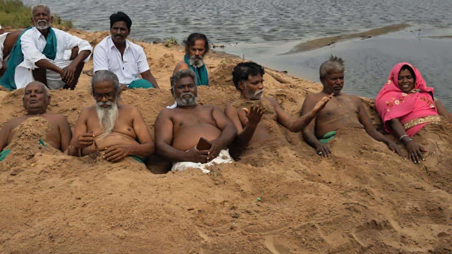 Ayya Kannu leads Tamil Nadu sand burial demanding Karnataka water