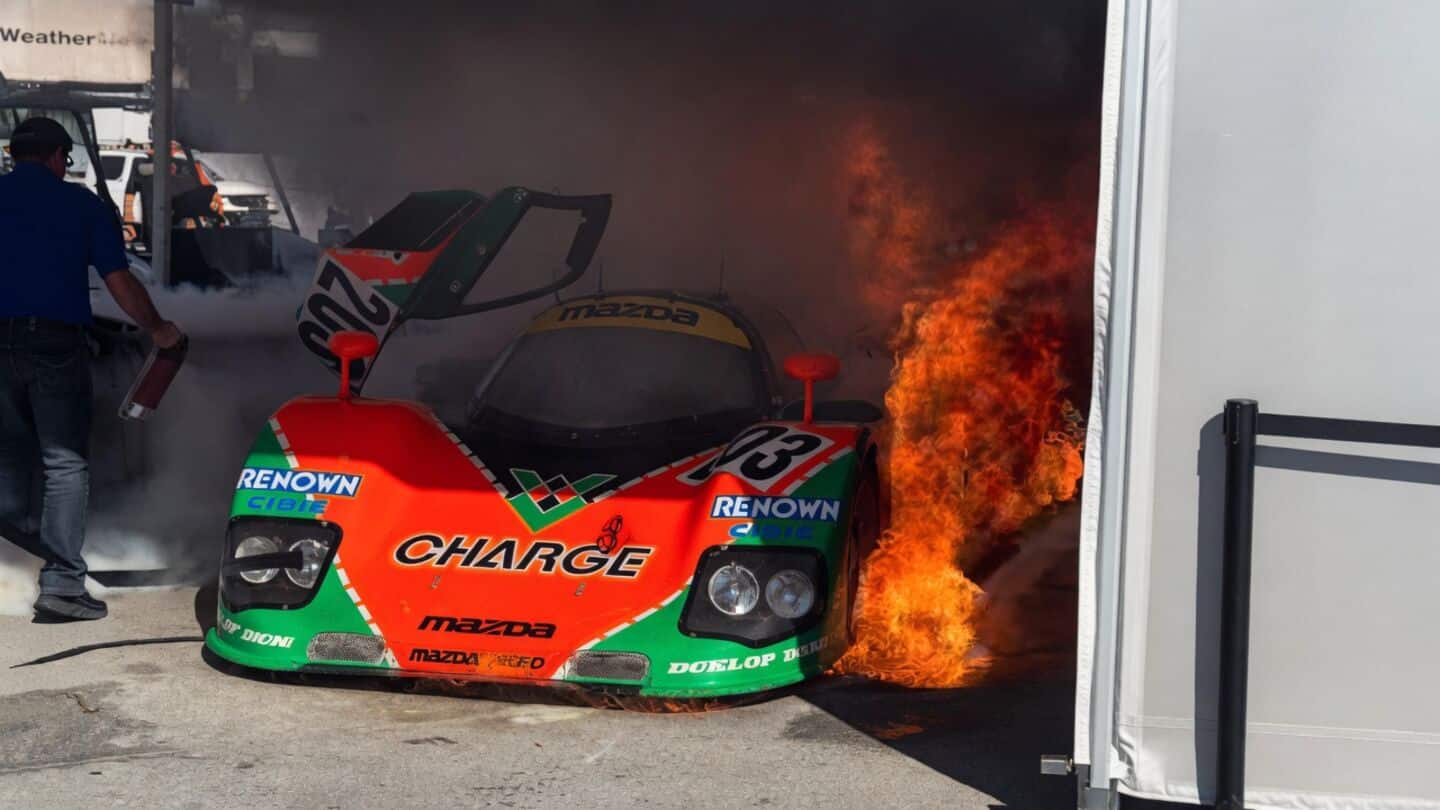 Super-rare 1989 Mazda 767B catches fire at Laguna Seca Tuesday