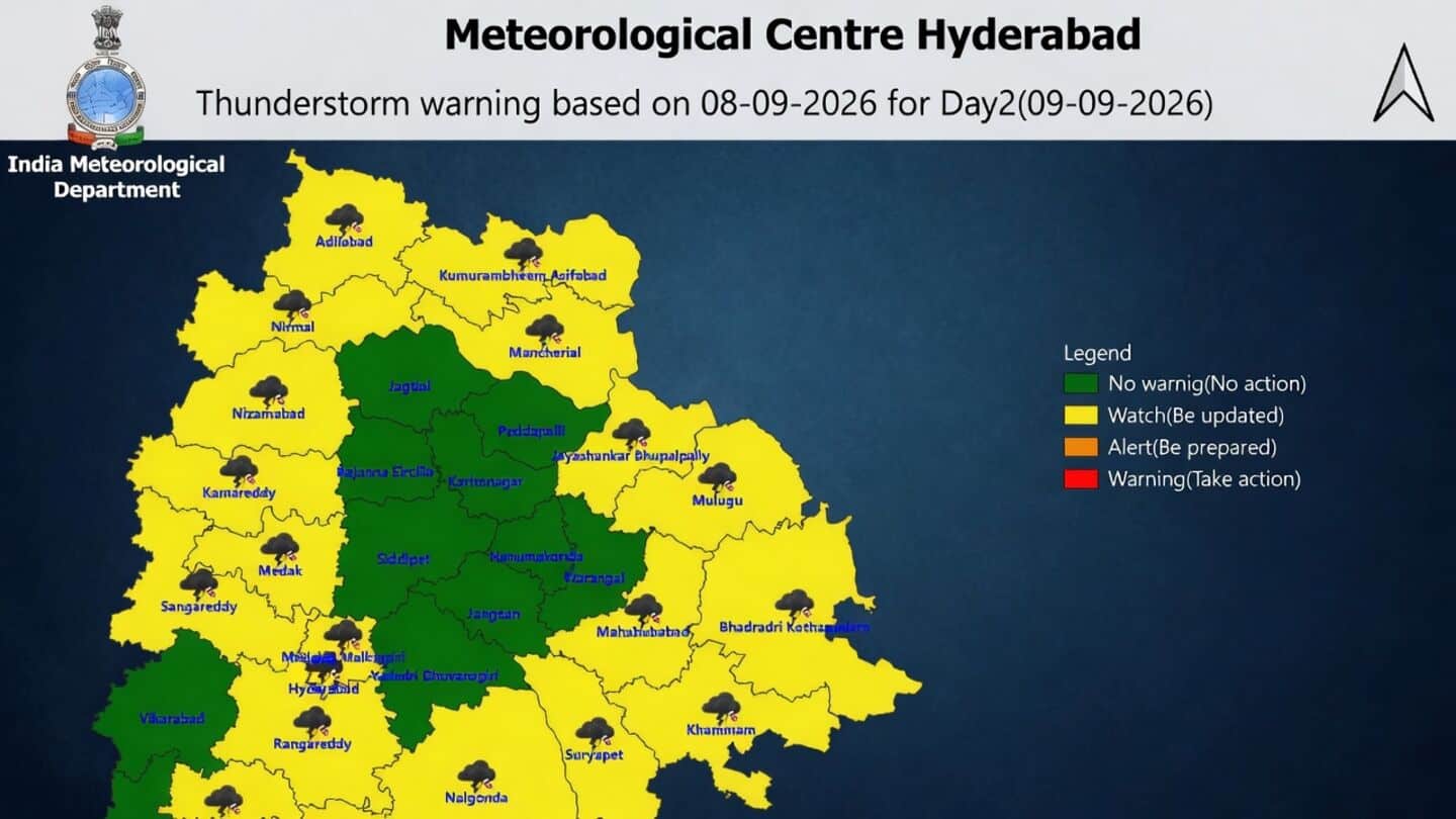 IMD issues thunderstorm forecast across Telangana for September 9 2026