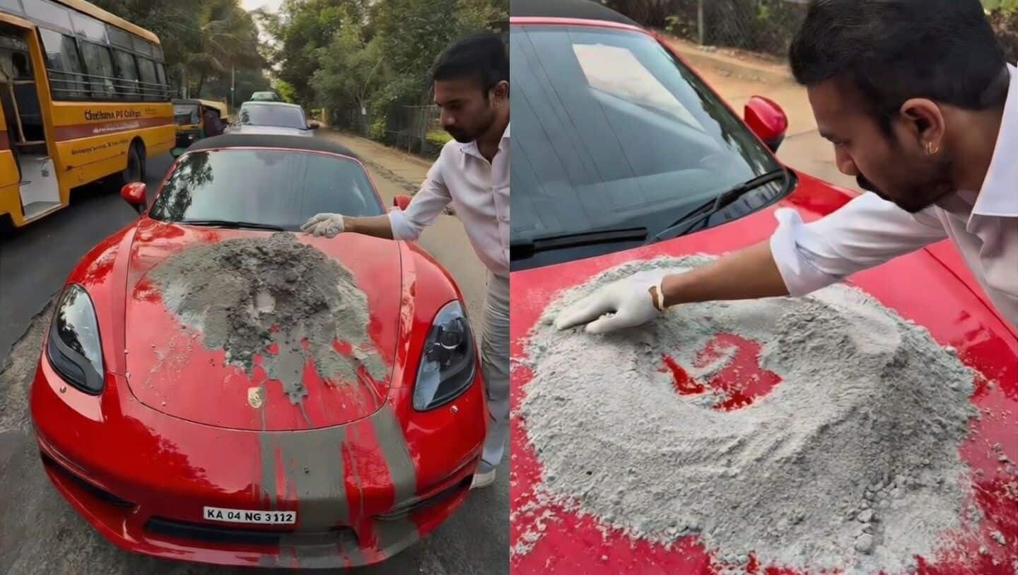 Akhil Hemadri mixes cement on Porsche to repair Bengaluru pothole