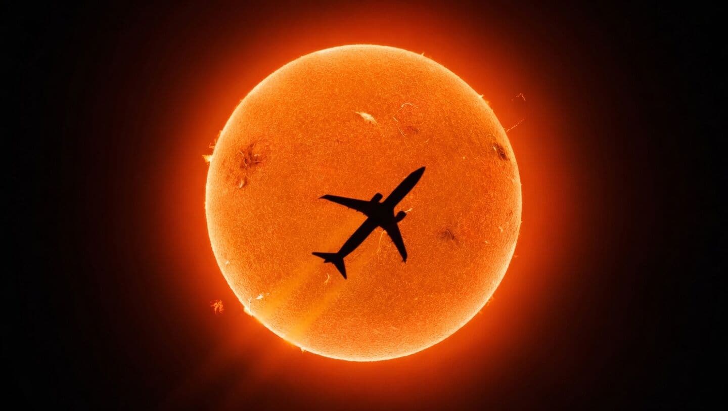 Andrew McCarthy captures passenger jet silhouetted against sun's fiery prominences