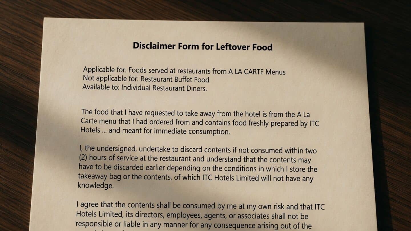 Mumbai's ITC Maratha requires diners sign 2-hour leftover disclaimer