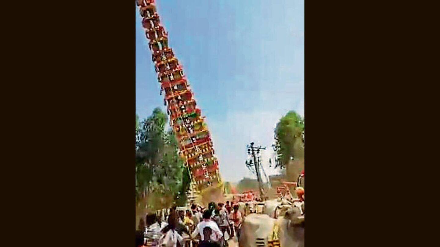 Andhra Pradesh: 20 injured as wooden temple chariot collapses