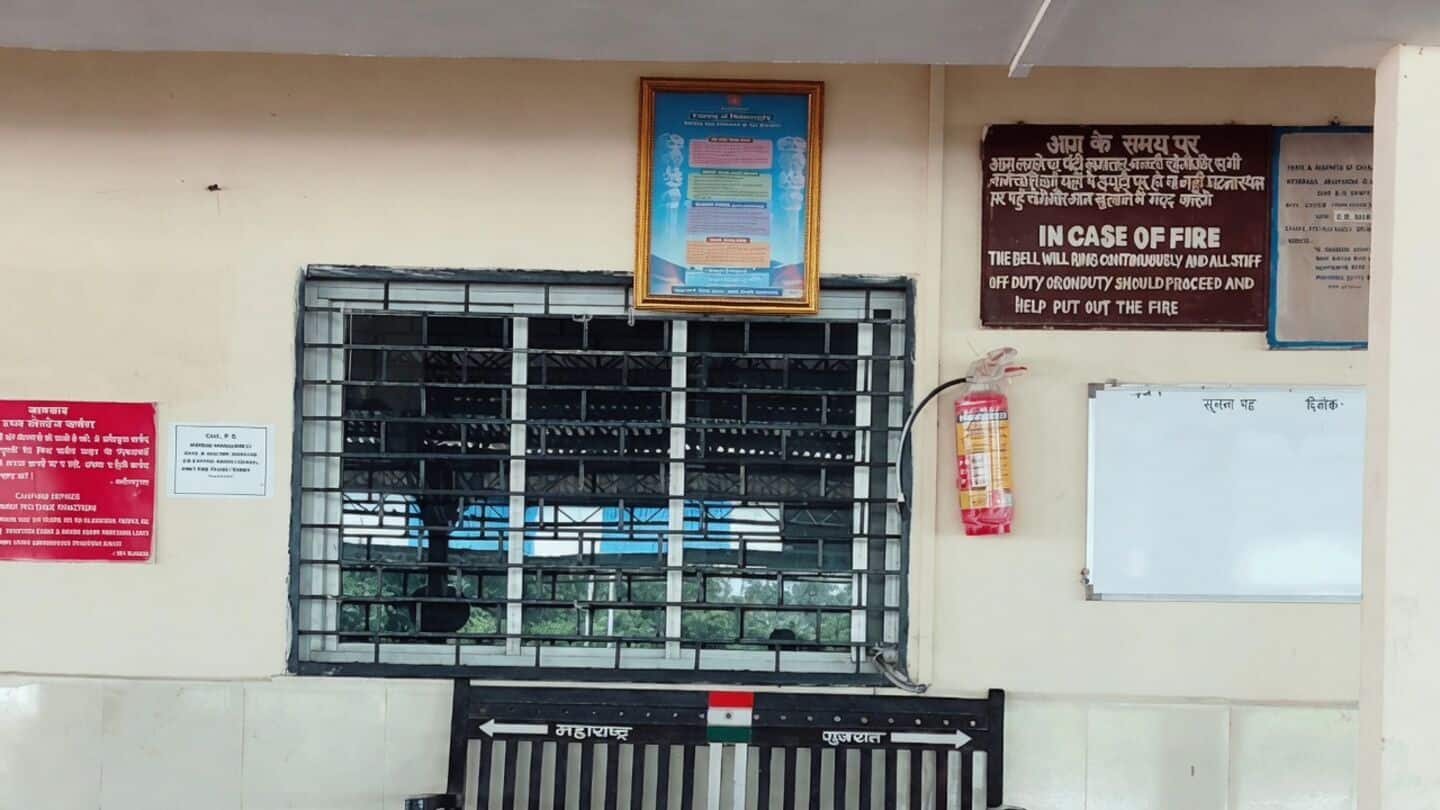 Navapur railway station straddles Gujarat and Maharashtra with painted border