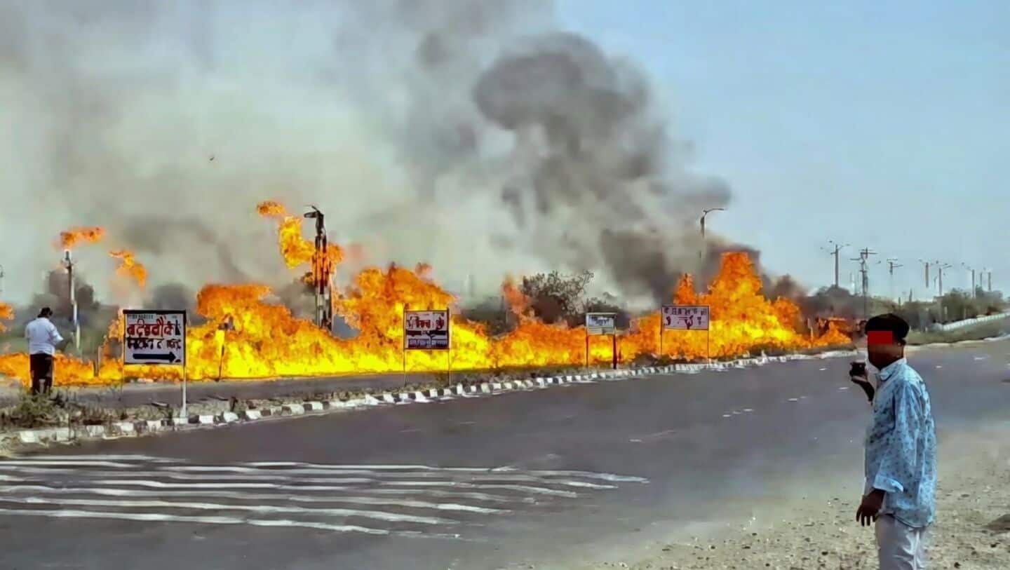 Rajasthan: BPCL tanker overturns on highway, triggers massive fire