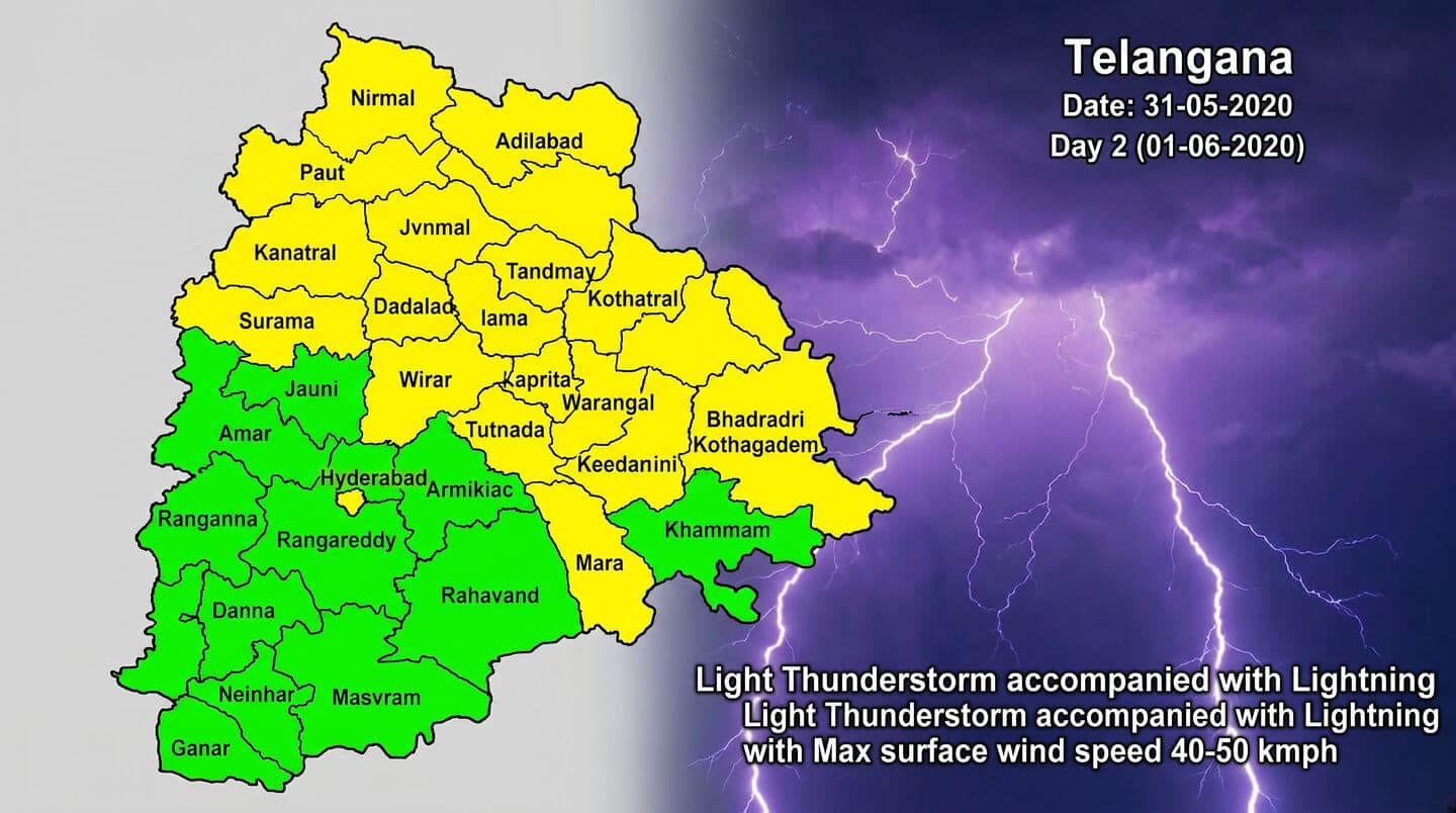 IMD forecasts thunderstorms in 21 Telangana districts including Hyderabad, Adilabad