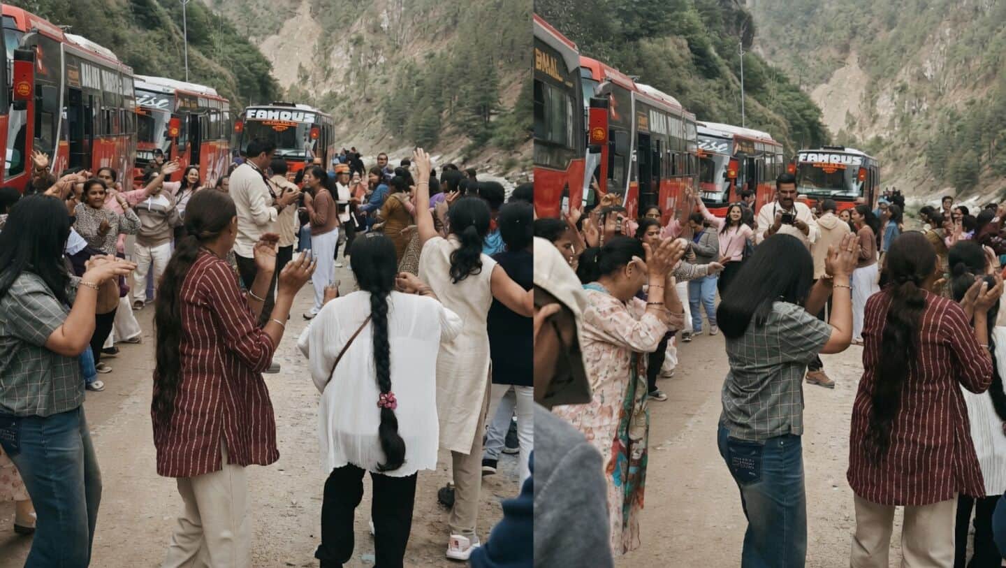 Gujarati tourists dance garba beside landslide-blocked hill road, vehicles stranded