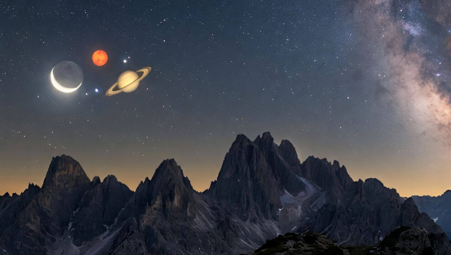 Crescent moon aligns with Mars Saturn Neptune May 13-14