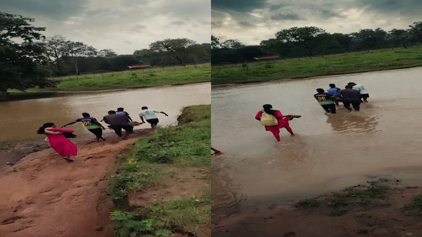 Gadchiroli's Koindul villagers carry 26-year-old Chhaya Naitam across flooded stream