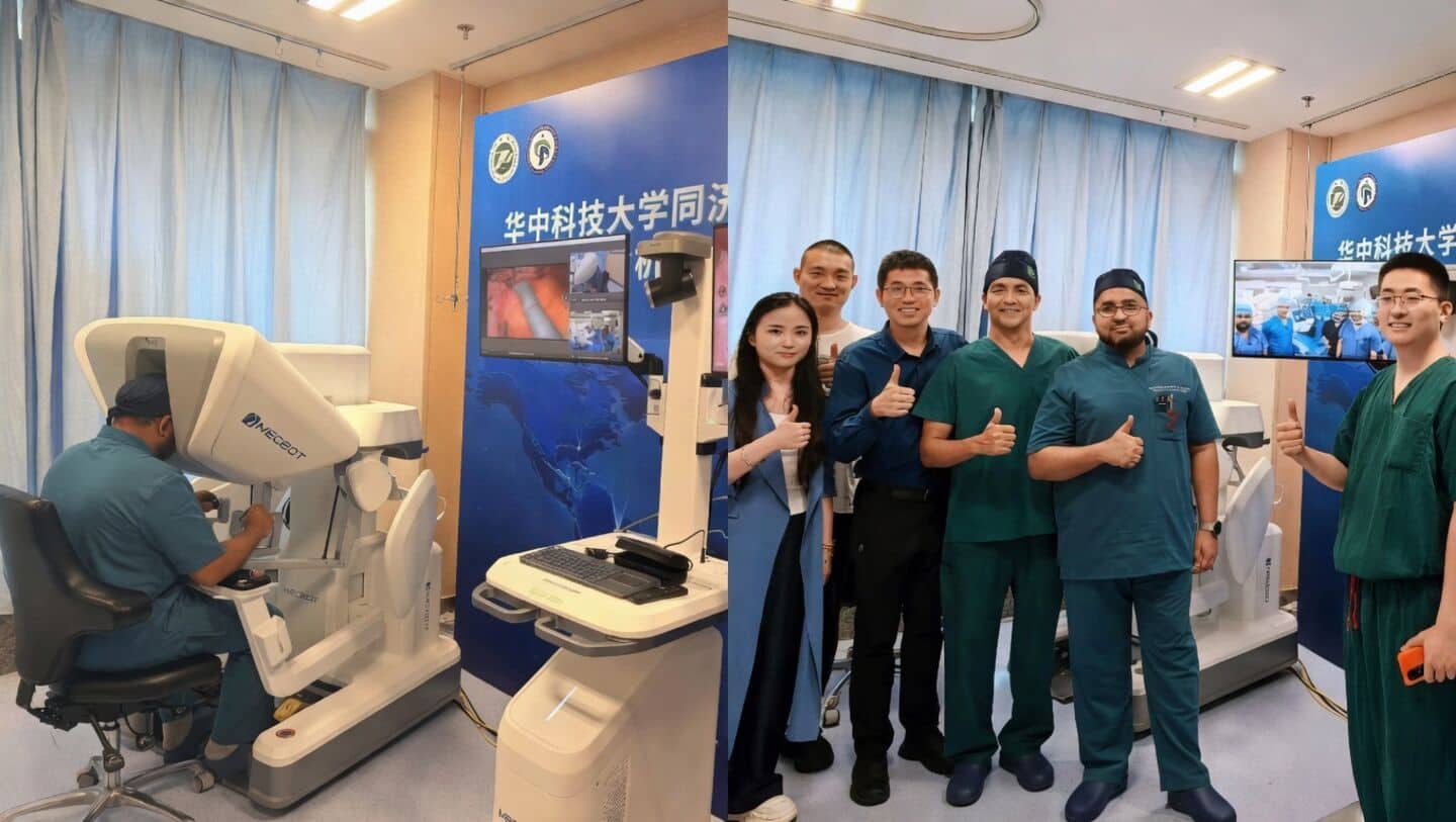Dr Syed Mohammed Ghouse controls robotic surgery from Wuhan, China