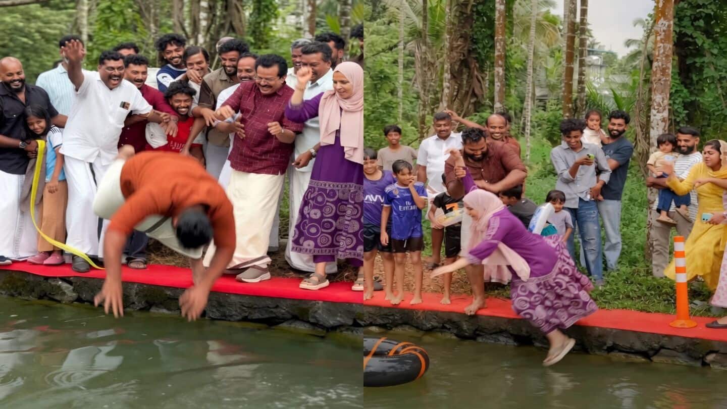 Manjalamkuzhi Ali pushes Shabeer Manjambra into Thiruthil pond in Peechanipparamba