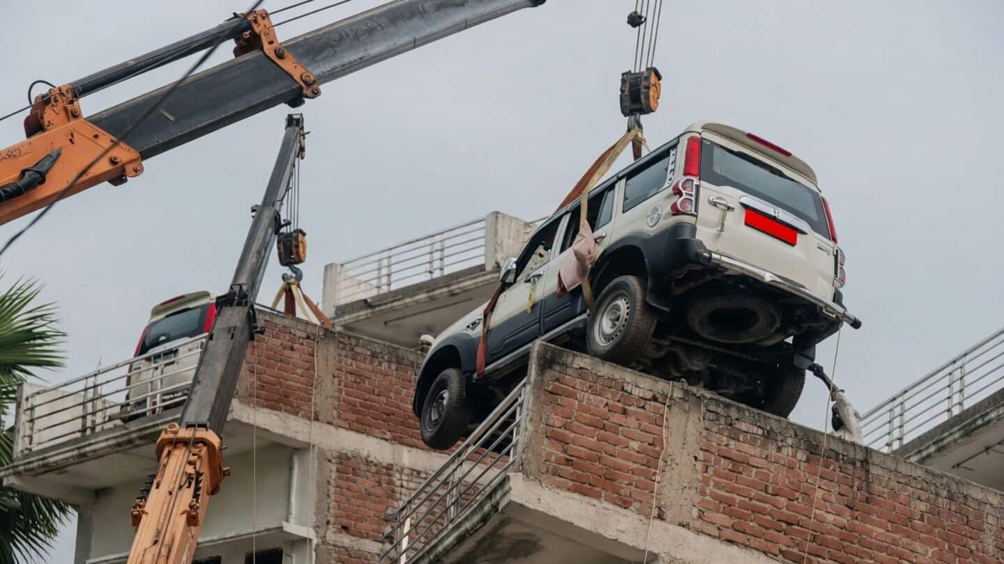 Manoj Yadav uses crane to park SUV on Gopalganj roof