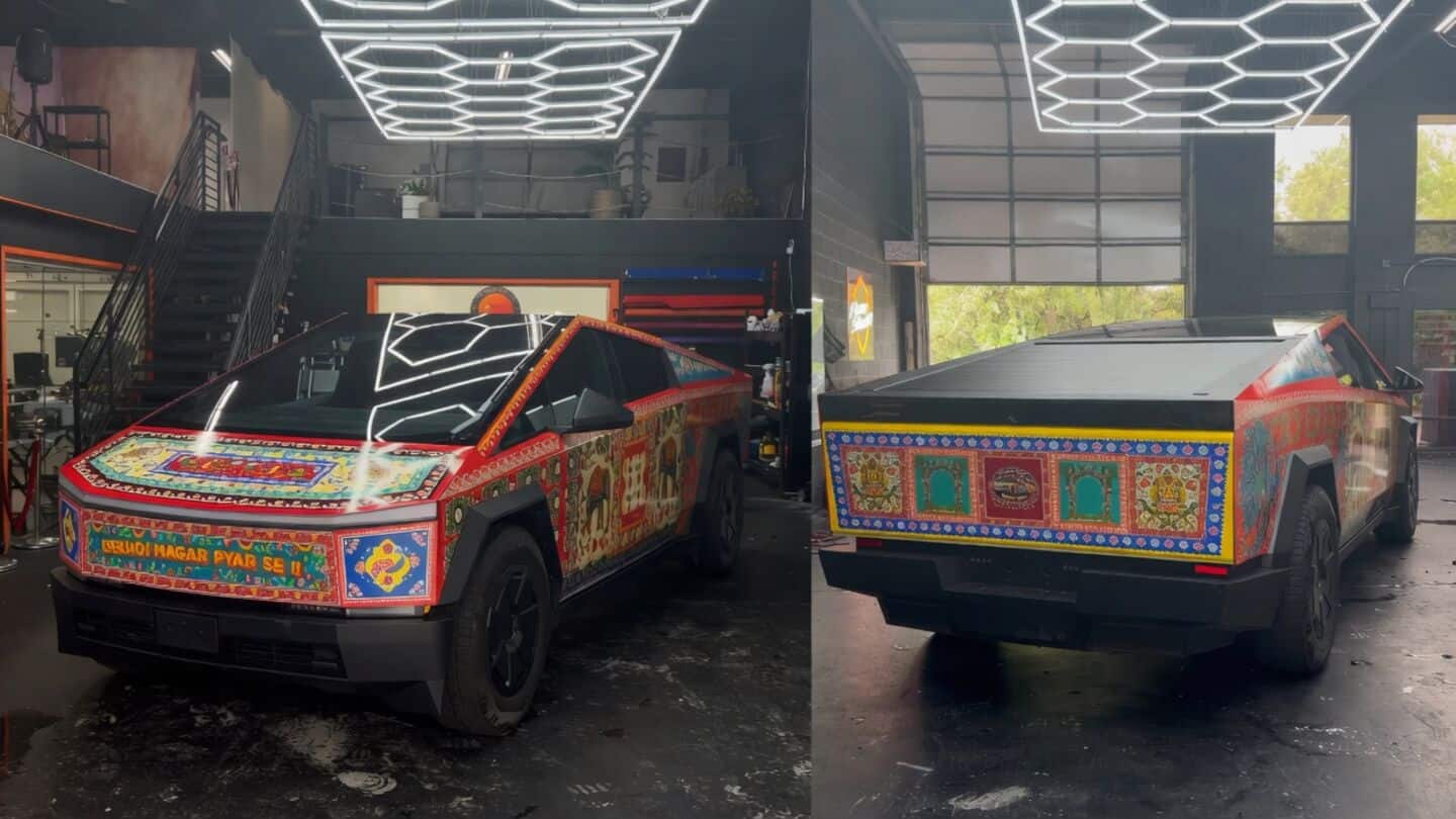 Tesla Cybertruck stainless steel covered with Indian truck art wrap