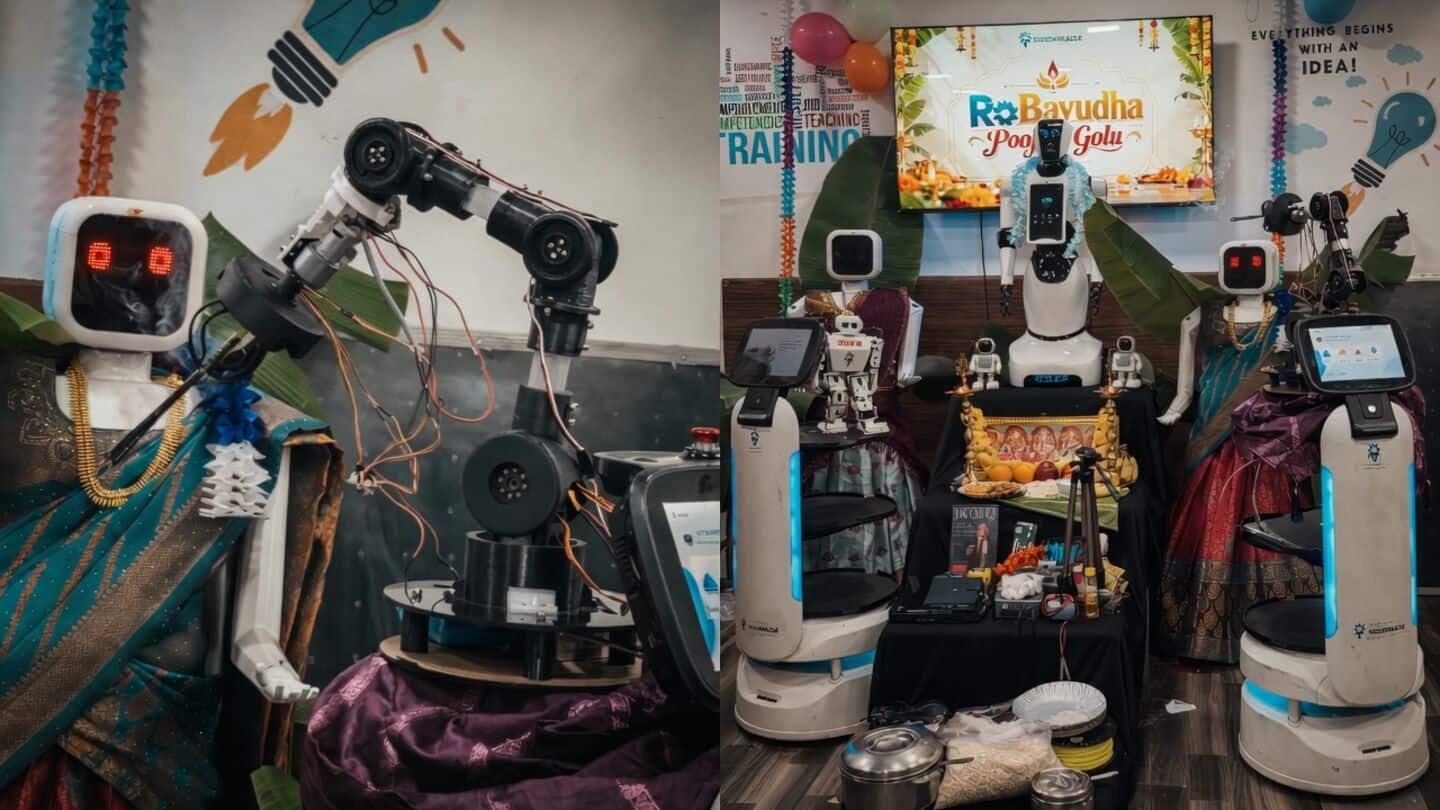 AI humanoid robots perform Ayudha Puja rituals in Coimbatore