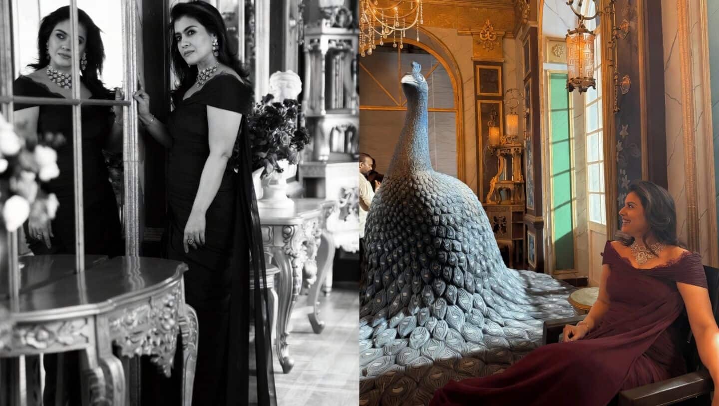 Actress Kajol shares photos in wine-colored gown, jokes about peacock