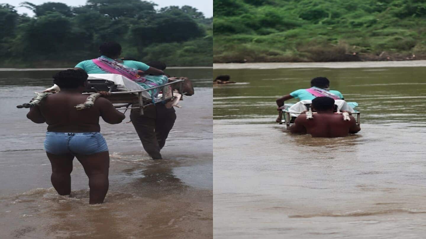 Telangana villagers carry 7 months pregnant Kodapa Rameshwari through floodwaters