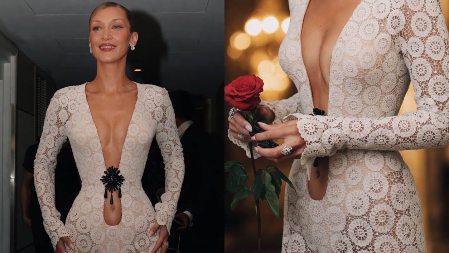Hadid at Cannes in Schiaparelli trompe l'oeil 22,000-hour gown