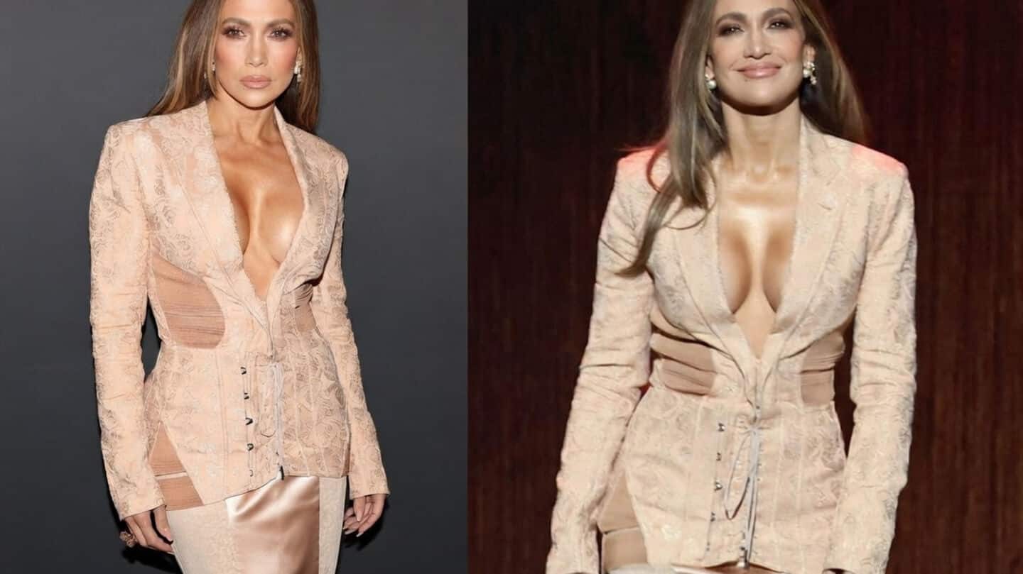 Lopez promotes 'Office romance' wearing Gaultier corset at Netflix Upfront