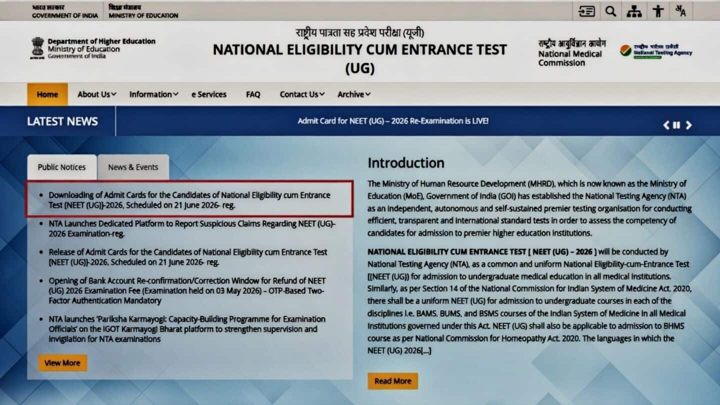 NTA allows NEET 2026 admit card download without bank details