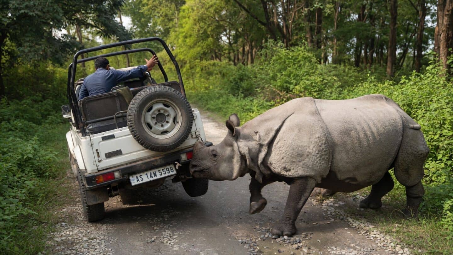 Viral video shows rhino ramming jeep in Manas National Park