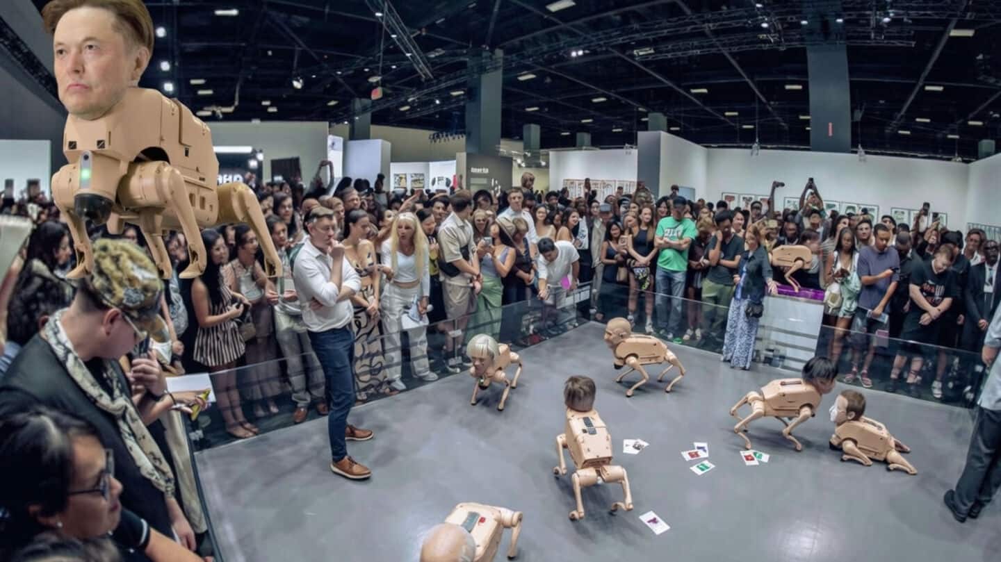 Beeple's Musk and Zuckerberg dog-bots on display in Palo Alto