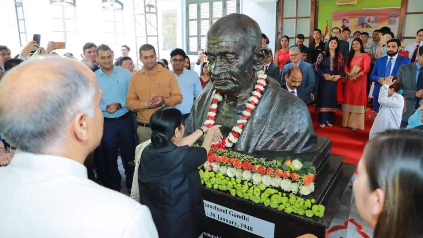 Swaraj unveils Mahatma Gandhi's bust at Indian Embassy in Vietnam
