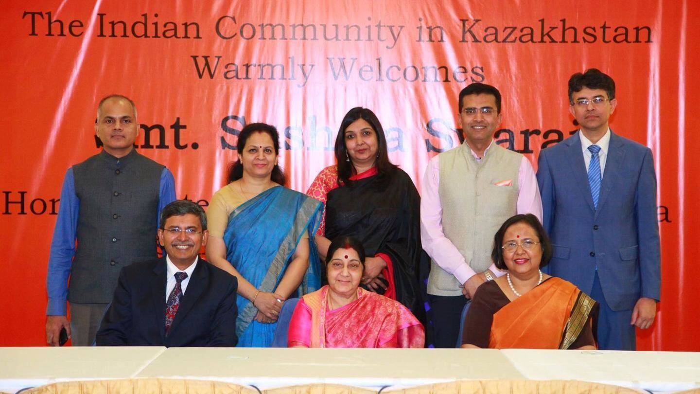 Swaraj arrives in Kazakhstan, interacts with Indian community