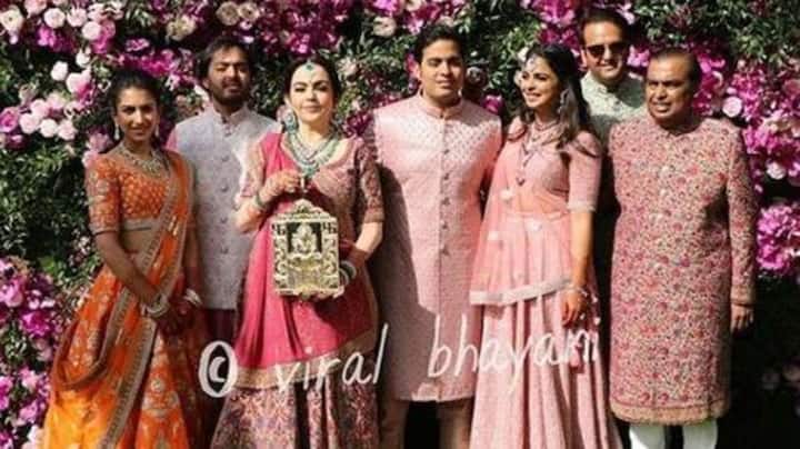 #AkashShlokaWedding: Ambanis enter the wedding venue in a traditional style