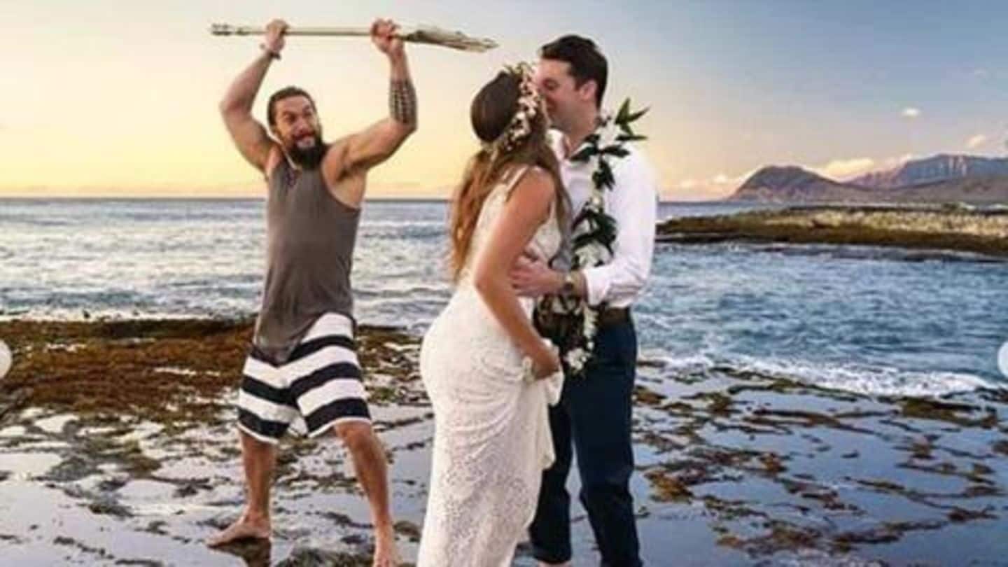 'Aquaman' Jason Momoa crashes wedding photos, pokes couple with trident