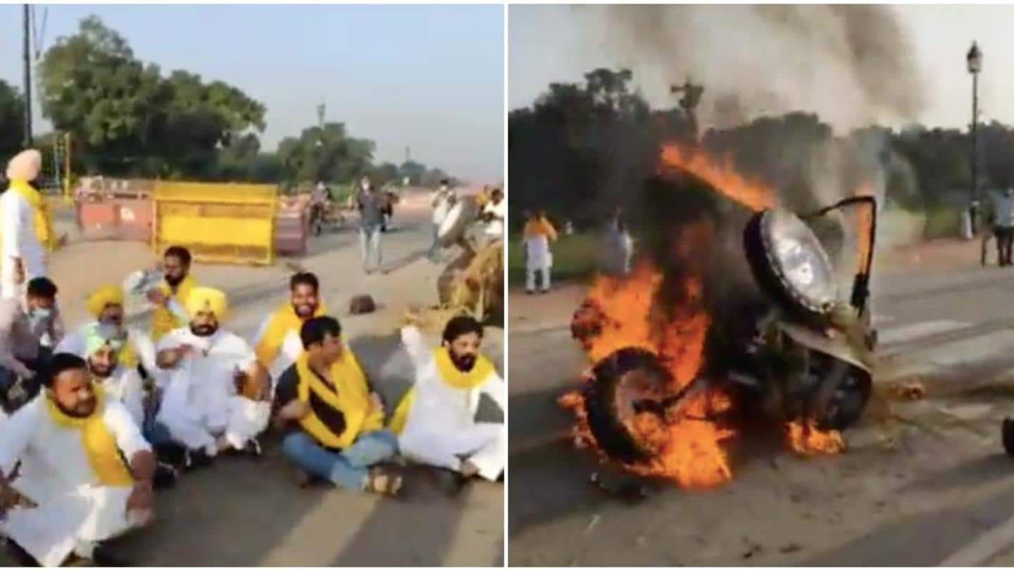 Farm bills protest: Tractor set on fire at India Gate