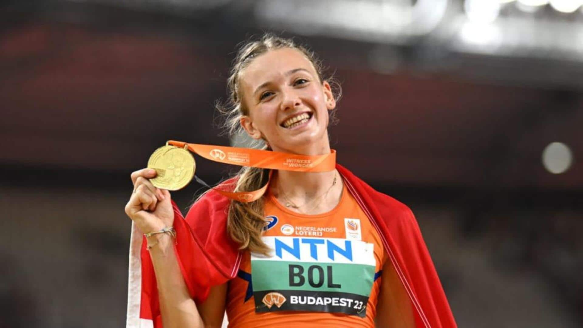 Femke Bol reacts to clocking historic women's 400m hurdles time