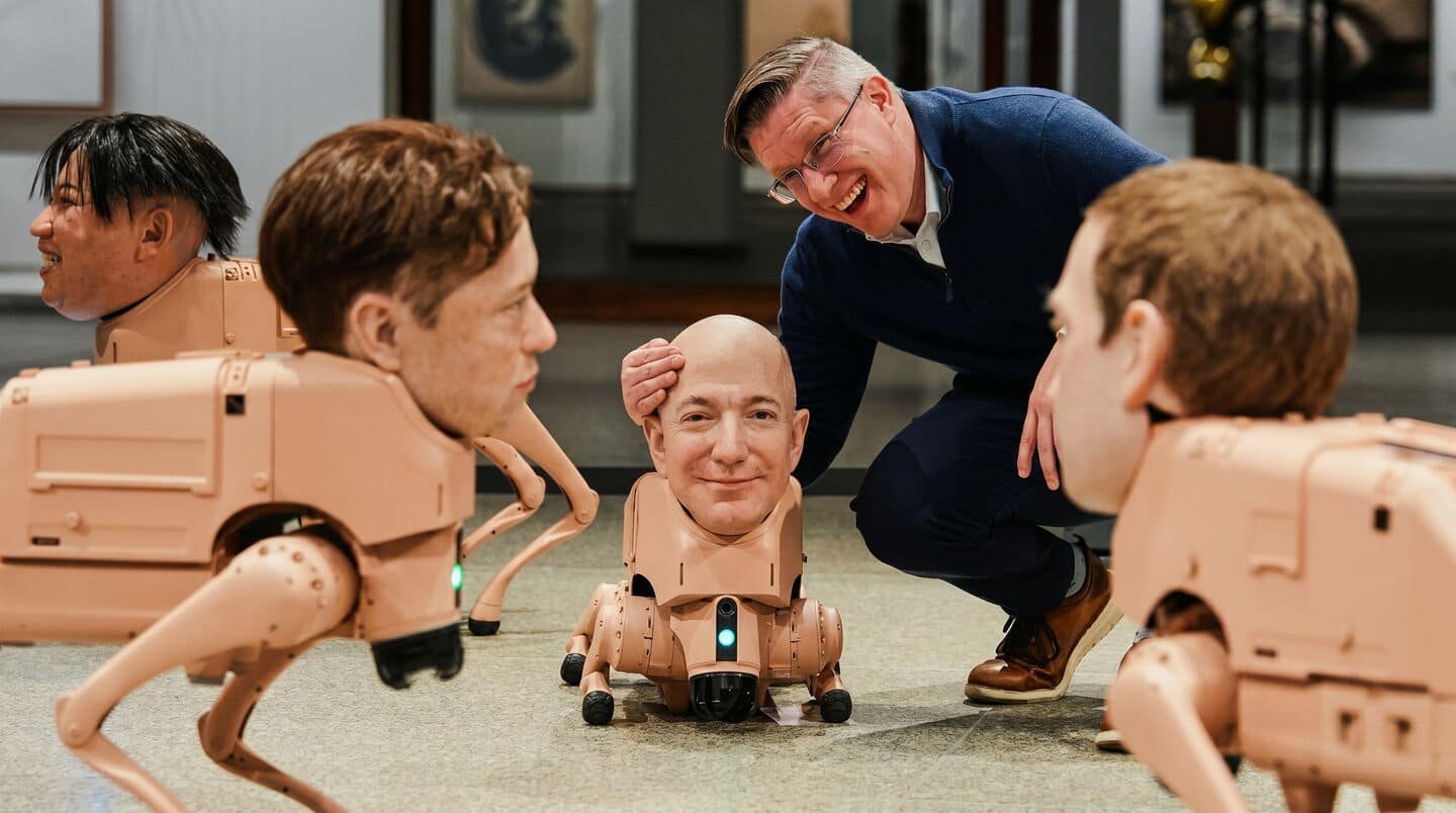 Robot dogs with Musk, Zuckerberg heads take over Berlin museum