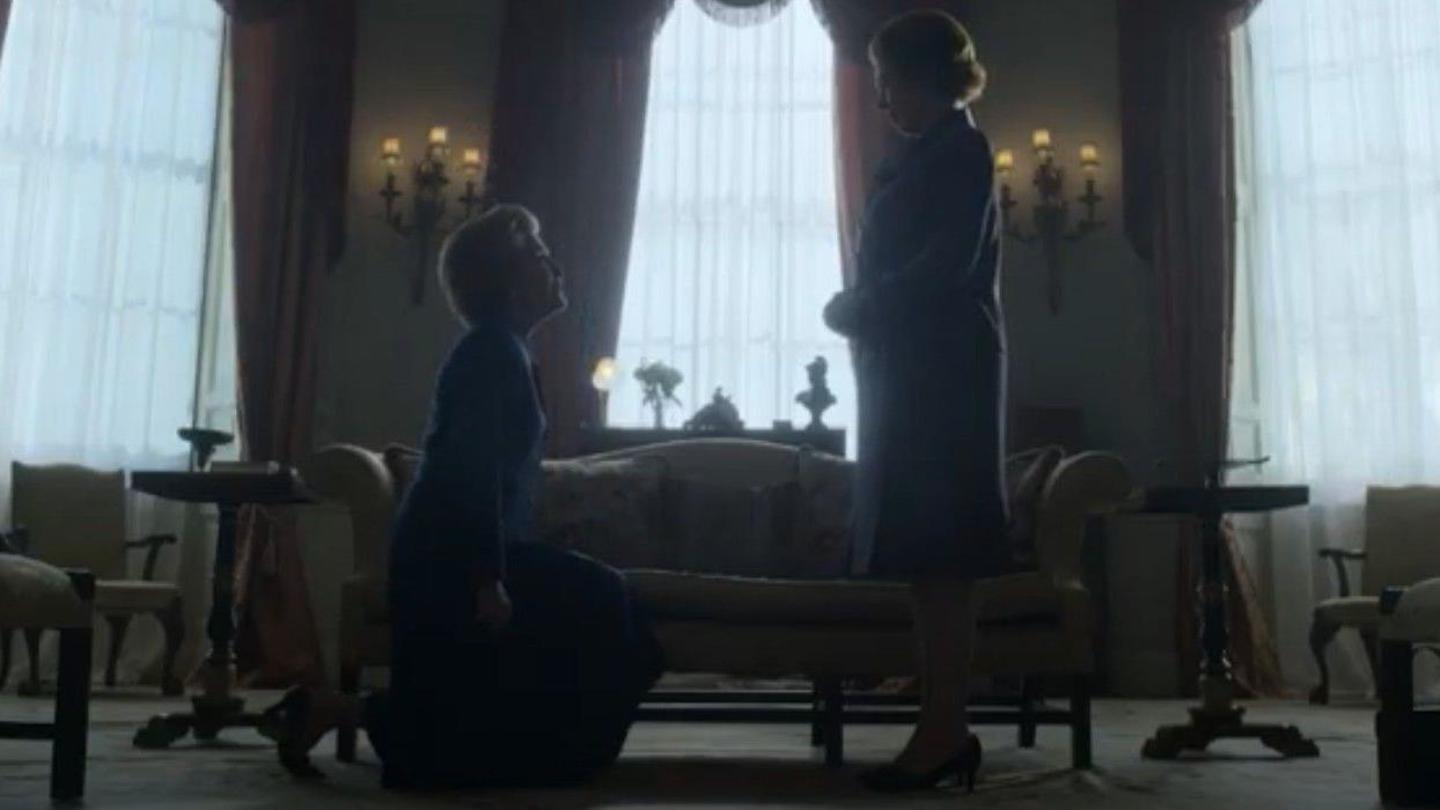 Thatcher kneels before Queen, but has more magnanimous presence here Thatcher kneels before Queen, but has more magnanimous presence here