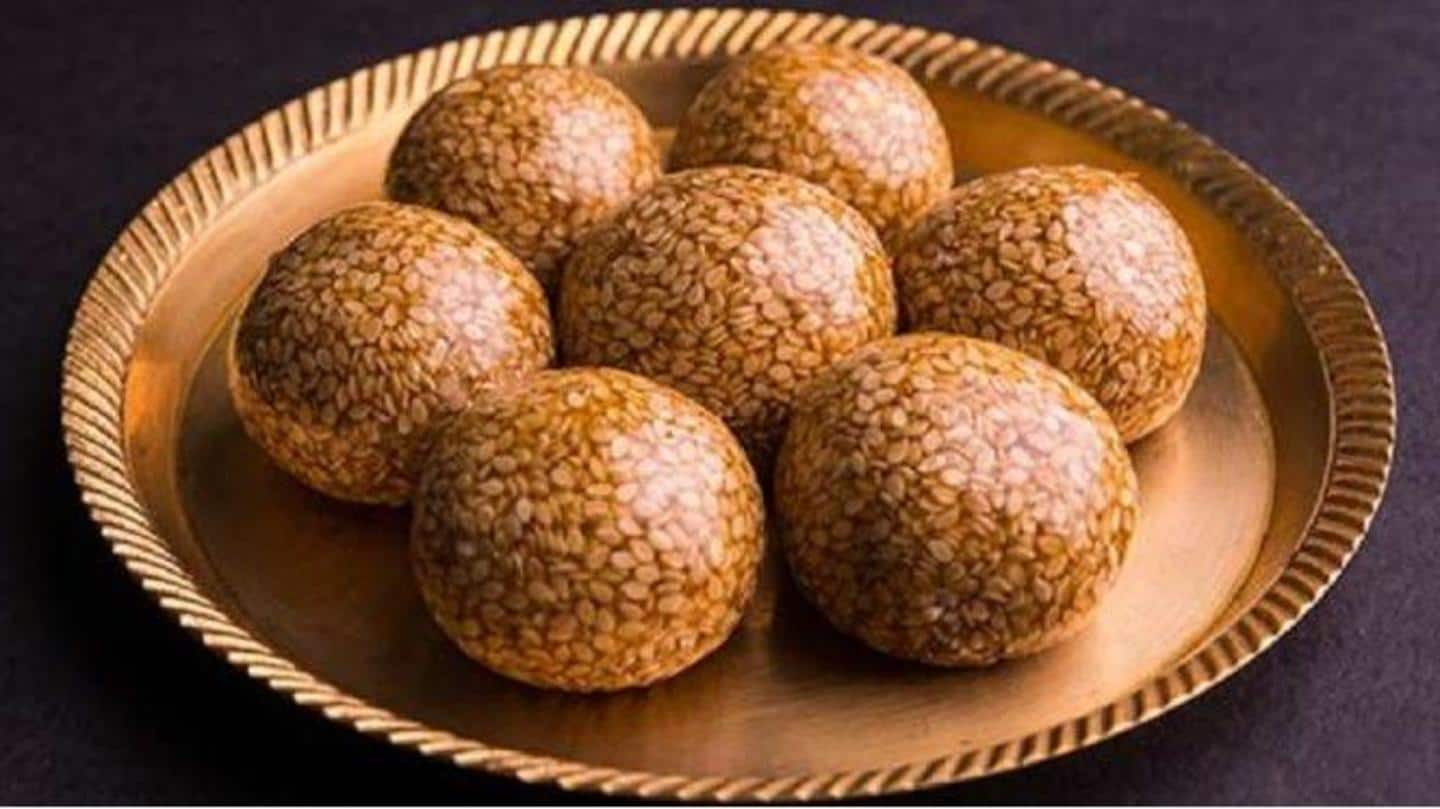 Laddus made from sesame seeds, coconut, peanuts, and jaggery